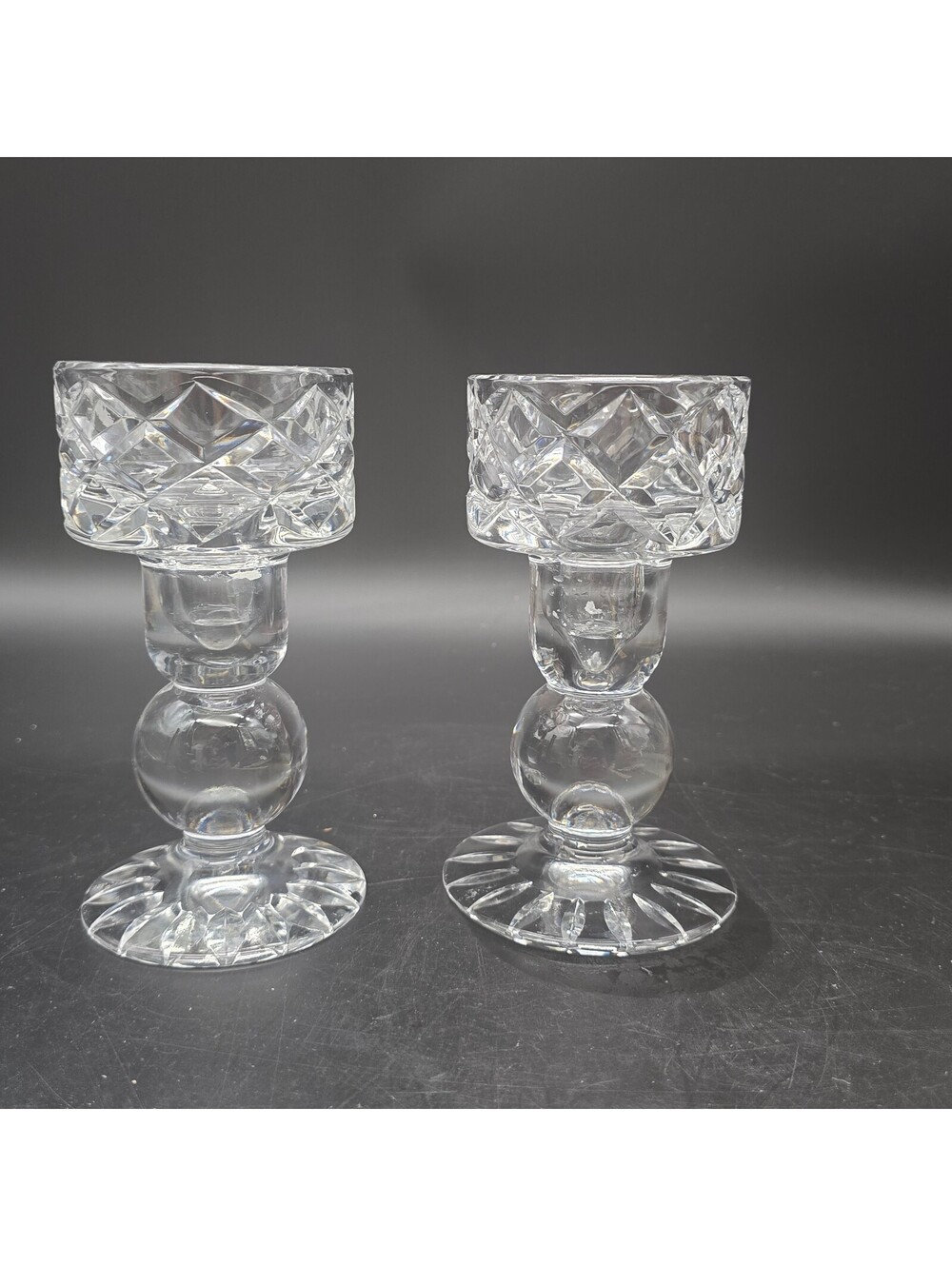 Vintage Block Lead Crystal Candlestick Holders Ball Stem 6" Made In Poland